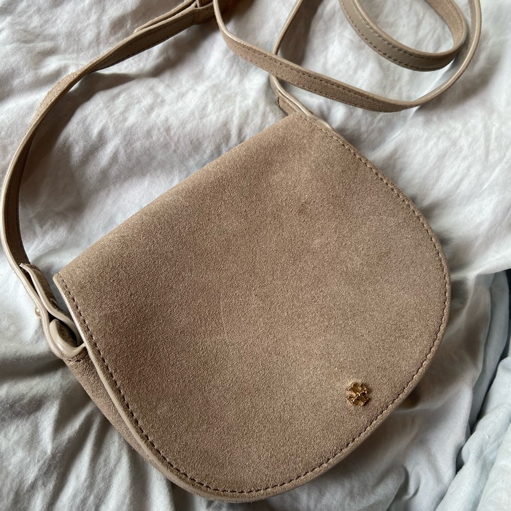 Tory Burch grey/tan suede crossbody bag